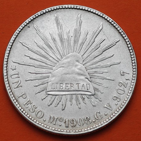 . @RARA@ MEXICO 1 PESO 1908 Mo GV Ceca de MEXICO GORRO FRIGIO y AGUILA KM.409.2 MONEDA DE PLATA silver coin