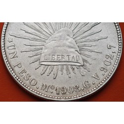 . @PRECIOSA@ MEXICO 1 PESO 1908 Mo GV Ceca de MEXICO GORRO FRIGIO y AGUILA KM.409.2 MONEDA DE PLATA silver coin