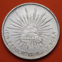. @PRECIOSA@ MEXICO 1 PESO 1908 Mo GV Ceca de MEXICO GORRO FRIGIO y AGUILA KM.409.2 MONEDA DE PLATA silver coin