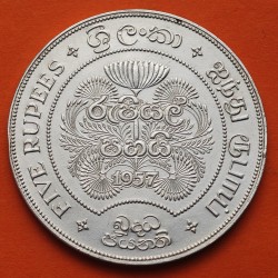 @RARA@ SRI LANKA 5 RUPIAS 1957 ELEFANTES 2500 AÑOS DEL BUDISMO KM.126 MONEDA DE PLATA EBC Ceylon 5 Rupees