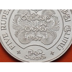 @RARA@ SRI LANKA 5 RUPIAS 1957 ELEFANTES 2500 AÑOS DEL BUDISMO KM.126 MONEDA DE PLATA EBC Ceylon 5 Rupees