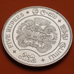 @RARA@ SRI LANKA 5 RUPIAS 1957 ELEFANTES 2500 AÑOS DEL BUDISMO KM.126 MONEDA DE PLATA EBC Ceylon 5 Rupees