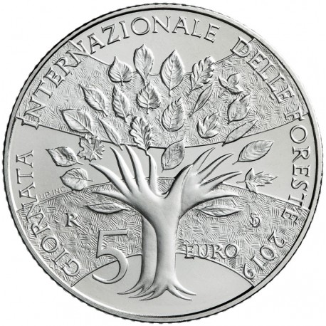 SAN MARINO 5 EUROS 2019 AÑO INTERNACIONAL DE LOS BOSQUES MONEDA DE PLATA SC 18 grs Ley 925 ESCASA 0,53 ONZAS