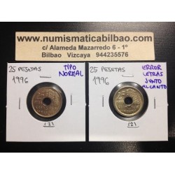 @ERROR CANTO ANCHO@ ESPAÑA 25 PESETAS 1996 LETRAS PEGADAS AL CANTO MONEDA DE LATON SC
