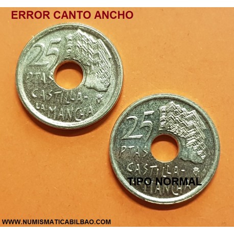 @ERROR CANTO ANCHO@ ESPAÑA 25 PESETAS 1996 LETRAS PEGADAS AL CANTO MONEDA DE LATON SC