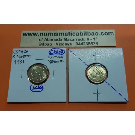 . @ERROR - REVERSO GIRADO 35º/45º@ ESPAÑA 5 PESETAS 1989 JUAN CARLOS I MONEDA DE LATON SIN CIRCULAR RARA