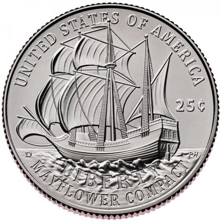 . @5/MARZO Envío@ ESTADOS UNIDOS 25 CENTAVOS 2026 P MAYFLOWER COMPACT BARCO 1776 ANNIVERSARY Quarter 1ª MONEDA DE NICKEL
