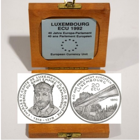 LUXEMBURGO 20 ECU 1992 REY CHALES y PUENTE KM.X.22 MONEDA DE PLATA PROOF ESTUCHE y CERTIFICADO