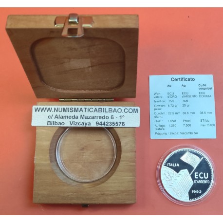 @ESTUCHE y CERTIFICADO@ ITALIA ECU 1992 BANCO CENTRAL 35 AÑOS TRATADO DE ROMA MONEDA DE PLATA PROOF Tirada 7500