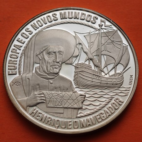 @RARA@ PORTUGAL 25 ECU 1991 ENRIQUE EL NAVEGANTE y CARABELA MONEDA DE PLATA PROOF ESTUCHE y CERTIFICADO Henrique O Navegador