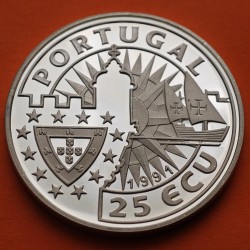 @RARA@ PORTUGAL 25 ECU 1991 ENRIQUE EL NAVEGANTE y CARABELA MONEDA DE PLATA PROOF ESTUCHE y CERTIFICADO Henrique O Navegador