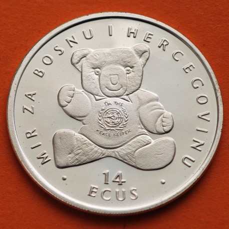 . @RARA@ BOSNIA 14 ECUS 1994 TEDDY BEAR KM.83 MONEDA DE PLATA PROOF Bosnia y Herzegovina ESTUCHE y CERTIFICADO