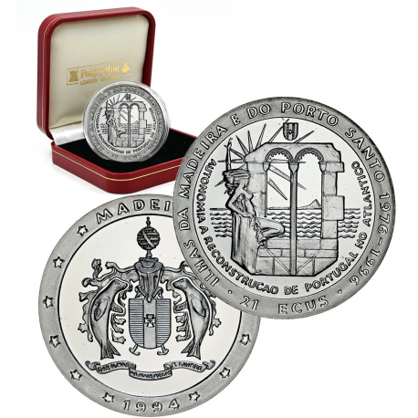 @RARA@ MADEIRA 21 ECUS 1994 AUTONOMÍA 20 ANIV. KM.X.12 MONEDA DE PLATA PROOF Ex Colonia PORTUGAL