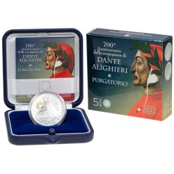 . @RARA + ORO y COLORES@ ITALIA 5 EUROS 2022 DANTE ALIGHIERI EL PURGATORIO MONEDA DE PLATA ESTUCHE