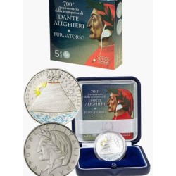 . @RARA + ORO y COLORES@ ITALIA 5 EUROS 2022 DANTE ALIGHIERI EL PURGATORIO MONEDA DE PLATA ESTUCHE