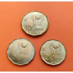 3 monedas x ARGENTINA 20 PESOS + 50 PESOS + 100 PESOS 1978 MUNDIAL DE FUTBOL 78 LATON SC