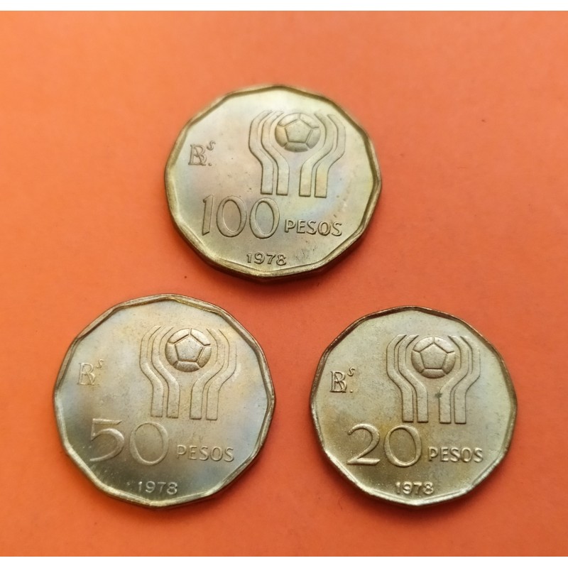 3 monedas x ARGENTINA 20 PESOS + 50 PESOS + 100 PESOS 1978 MUNDIAL DE FUTBOL 78 LATON SC