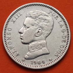 . @RARA VARIANTE CERO PARTIDO@ ESPAÑA Rey ALFONSO XIII 1 PESETA 1904 * 19 04 SMV KM.721 MONEDA DE PLATA Spain R/5