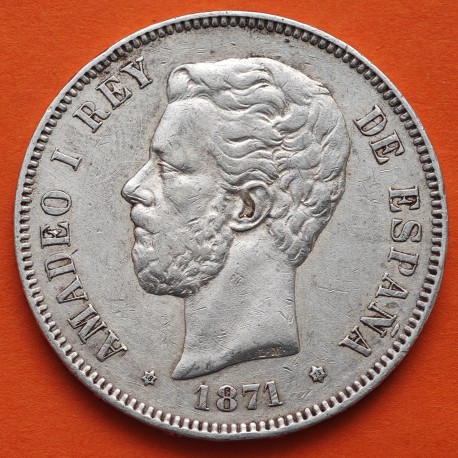 ESPAÑA 5 PESETAS 1871 * 18 75 DEM REY AMADEO I DE SABOYA y ESCUDO KM.666 MONEDA DE PLATA (DURO) Spain silver R/1