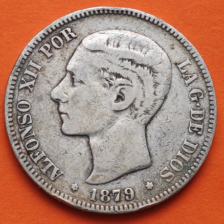 @ESCASA@ ESPAÑA 5 PESETAS 1879 * -- -- EMM REY ALFONSO XII KM.676 MONEDA DE PLATA (DURO) Spain silver R/5