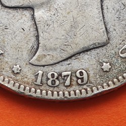 @ESCASA@ ESPAÑA 5 PESETAS 1879 * -- -- EMM REY ALFONSO XII KM.676 MONEDA DE PLATA (DURO) Spain silver R/5
