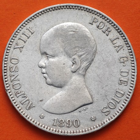 ESPAÑA 5 PESETAS 1890 * 18 90 PGM REY ALFONSO XIII MONEDA DE PLATA (DURO) KM.689 Spain silver coin R/3