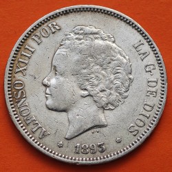 ESPAÑA 5 PESETAS 1893 * 18 93 PGL REY ALFONSO XIII tipo "RIZOS" KM.700 MONEDA DE PLATA (DURO) Spain silver R/3