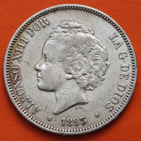 ESPAÑA 5 PESETAS 1893 * 18 93 PGL REY ALFONSO XIII tipo "RIZOS" KM.700 MONEDA DE PLATA (DURO) Spain silver R/3
