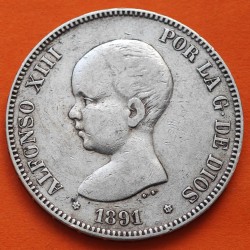 ESPAÑA 5 PESETAS 1891 * 18 91 PGM REY ALFONSO XIII KM.689 MONEDA DE PLATA (DURO) Spain silver R/3