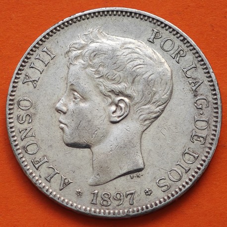 ESPAÑA 5 PESETAS 1897 * 18 97 SGV REY ALFONSO XIII KM.707 MONEDA DE PLATA (DURO) Spain silver R/4