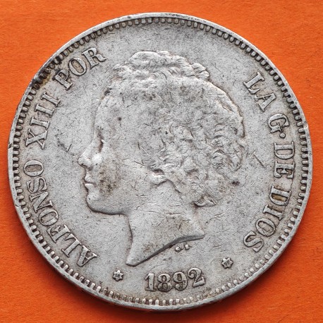 ESPAÑA 5 PESETAS 1892 * 18 92 PGM REY ALFONSO XIII tipo "RIZOS" KM.700 MONEDA DE PLATA (DURO) Spain silver R/2