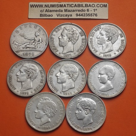 . 5,80 ONZAS PLATA PURA x ESPAÑA 5 PESETAS 1870 1871 1876 1878 1885 1891 1894 1898 GOB. PROVISIONAL a ALFONSO XIII DUROS