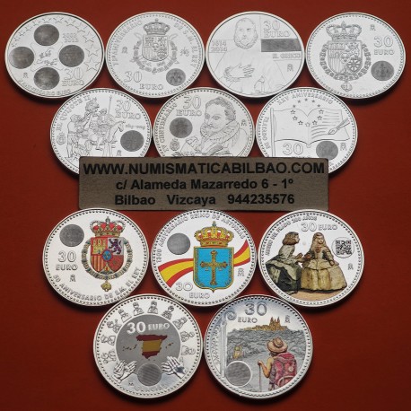 . 12 monedas x ESPAÑA 30 EUROS 2012 2013 2014 (x2) 2015 2016 2017 2018 (x2) 2019 2020 2021 PLATA SC