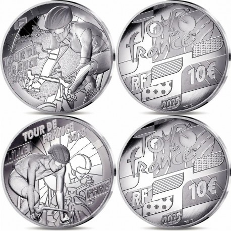 . @2 monedas@ FRANCIA 10 EUROS 2025 TOUR DE FRANCE CICLISMO LLEGADA y SALIDA PLATA ESTUCHE PROOF