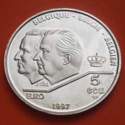 BELGICA 5 ECU 1997 REY ALBERTO y BALDUINO TRATADO DE ROMA KM.205 MONEDA PLATA PROOF + IMPERFECCIONES Belgium silver