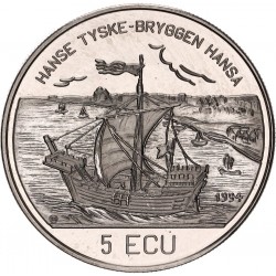 NORUEGA 5 ECU 1995 BERGEN BRYGGE GALEÓN KM.X.14 MONEDA DE NICKEL SC Norway 5 ECUS 1995