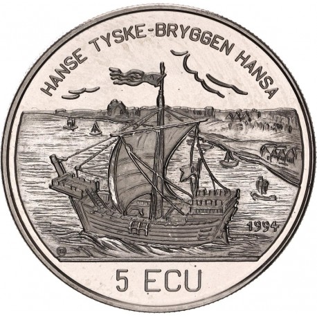 NORUEGA 5 ECU 1995 BERGEN BRYGGE GALEÓN KM.X.14 MONEDA DE NICKEL SC Norway 5 ECUS 1995