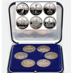 . 6 monedas @ESTUCHE OFICIAL@ RUSIA 1 RUBLO 1977 + 1978 + 1979 + 1980 OLIMPIADA DE MOSCU CCCP NICKEL SC URSS Russia Rouble UNC