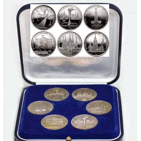 . 6 monedas @ESTUCHE OFICIAL@ RUSIA 1 RUBLO 1977 + 1978 + 1979 + 1980 OLIMPIADA DE MOSCU CCCP NICKEL SC URSS Russia Rouble UNC