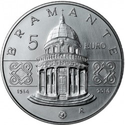 ITALIA 5 EUROS 2014 BRAMANTE y TEMPLO SAN PIETRO IN MONTORIO KM.378 MONEDA DE PLATA SC De cartera