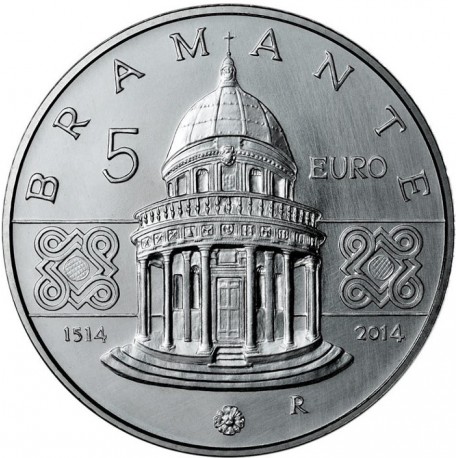 ITALIA 5 EUROS 2014 BRAMANTE y TEMPLO SAN PIETRO IN MONTORIO KM.378 MONEDA DE PLATA SC De cartera