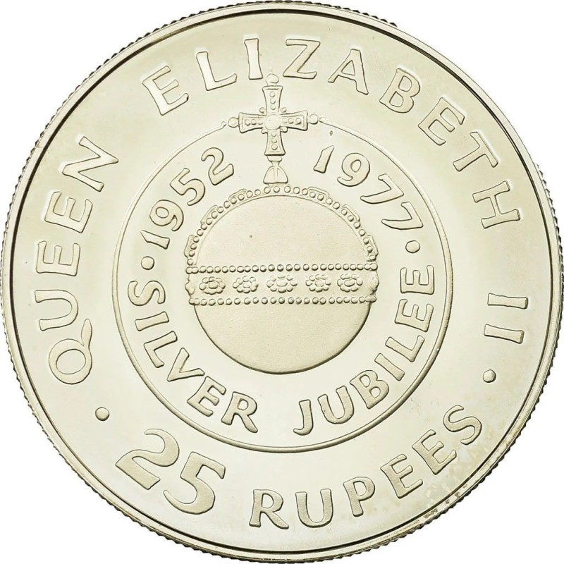 SEYCHELLES 25 RUPIAS 1977 1972 QUEEN ELIZABETH SILVER JUBILEE KM.38 MONEDA DE PLATA PROOF UK Colony 25 Rupees
