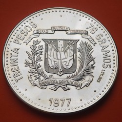 . @2,30 ONZAS@ REPUBLICA DOMINICANA 30 PESOS 1977 BANCO CENTRAL KM.46 MONEDA DE PLATA SC + IMPERFECCIONES Dominican Republic