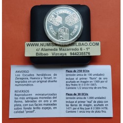 1 ONZA x ESPAÑA 30 ECUS 1995 ARAGON moneda 1 REAL JUAN II 1471 PLATA ESTUCHE 30 Ecu 1995 TERUEL HUESCA ZARAGOZA
