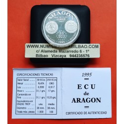 1 ONZA x ESPAÑA 30 ECUS 1995 ARAGON moneda 1 REAL JUAN II 1471 PLATA ESTUCHE 30 Ecu 1995 TERUEL HUESCA ZARAGOZA