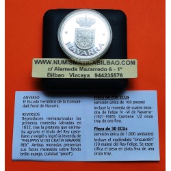 1 ONZA x ESPAÑA 30 ECUS 1996 NAVARRA ANTIGUA MONEDA 50 REALES 1652 REY FELIPE PLATA PROOF ESTUCHE 30 Ecu 1996