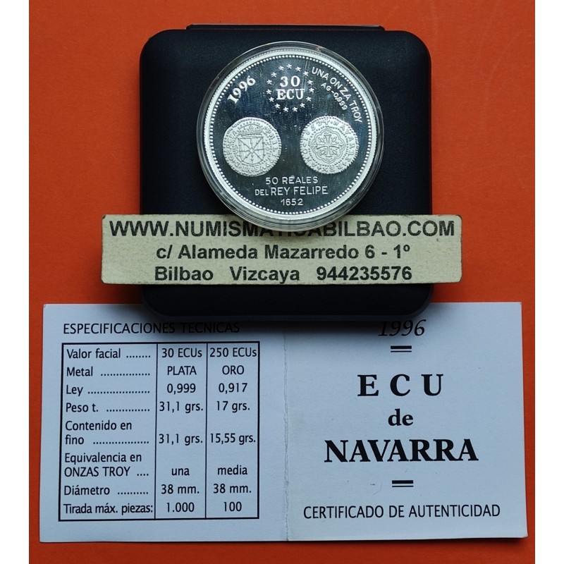1 ONZA x ESPAÑA 30 ECUS 1996 NAVARRA ANTIGUA MONEDA 50 REALES 1652 REY FELIPE PLATA PROOF ESTUCHE 30 Ecu 1996