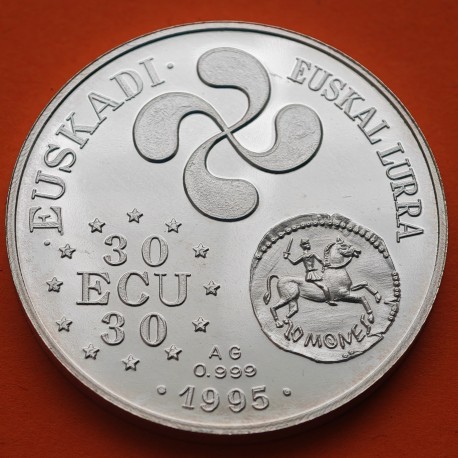 1 ONZA x EUSKADI 30 ECUS 1995 ESTUCHE LAUBURU y DENARIO IBERICO DE BASKUNES EUSKAL LURRA MEDALLA PLATA BILBAO EUZKADI