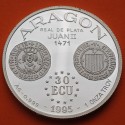 1 ONZA x ESPAÑA 30 ECUS 1995 ARAGON moneda 1 REAL JUAN II 1471 PLATA ESTUCHE 30 Ecu 1995 TERUEL HUESCA ZARAGOZA