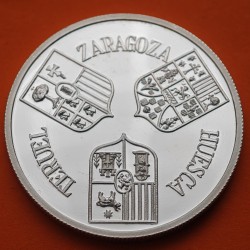 1 ONZA x ESPAÑA 30 ECUS 1995 ARAGON moneda 1 REAL JUAN II 1471 PLATA ESTUCHE 30 Ecu 1995 TERUEL HUESCA ZARAGOZA